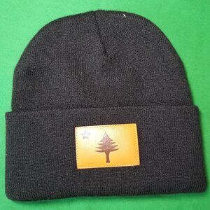 Maine Old Flag Brown Leather Patch Black Beanie Lone Pine Star Warm Cozy